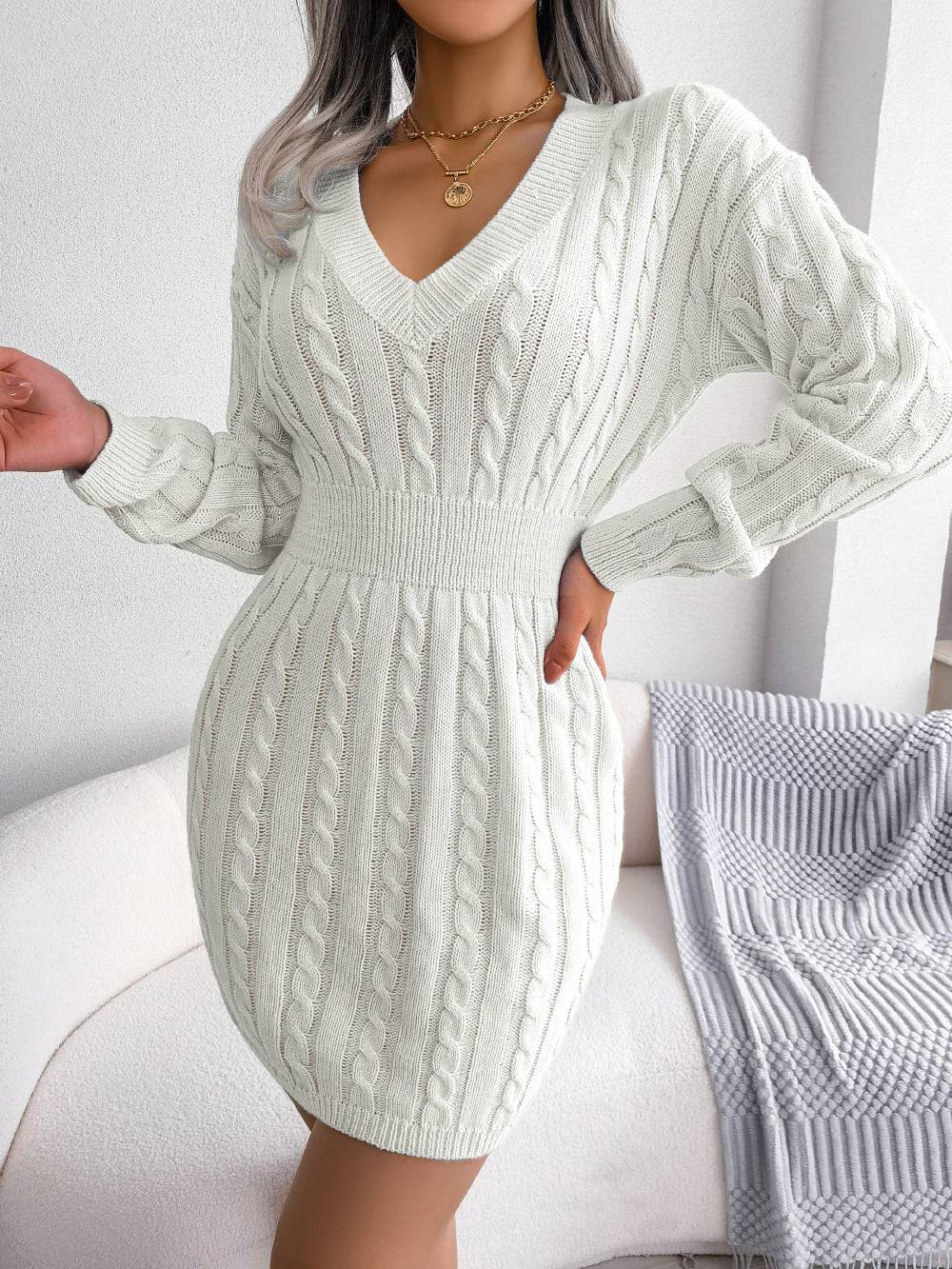 Solid Color V-Neck Long Sleeve Knit Dress Ins Fashion Slim Waisted Hip Dress Womens Clothing - ALL-IN-ONE GENSTORE & SERVICES