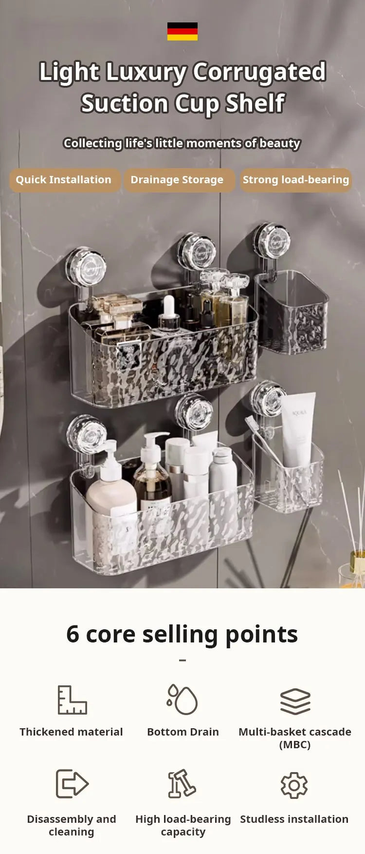 Light Luxury Style Glacier Pattern Suction Cup Shelf Punch-Free Wall Mounted Storage Rack Draining Basket Holder for Bathroom - ALL-IN-ONE GENSTORE & SERVICES