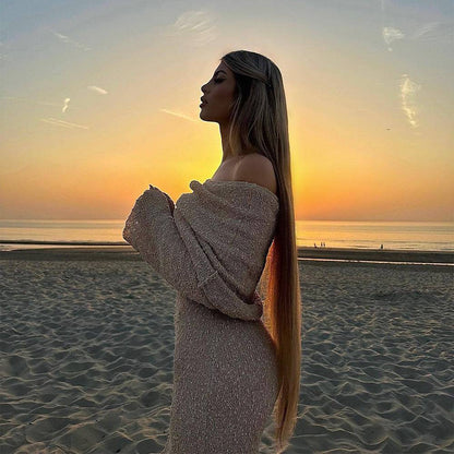 New One-shoulder Knitted Long-sleeved Dress Sexy Beach Holiday Long Dresses Womens Clothing - ALL-IN-ONE GENSTORE & SERVICES