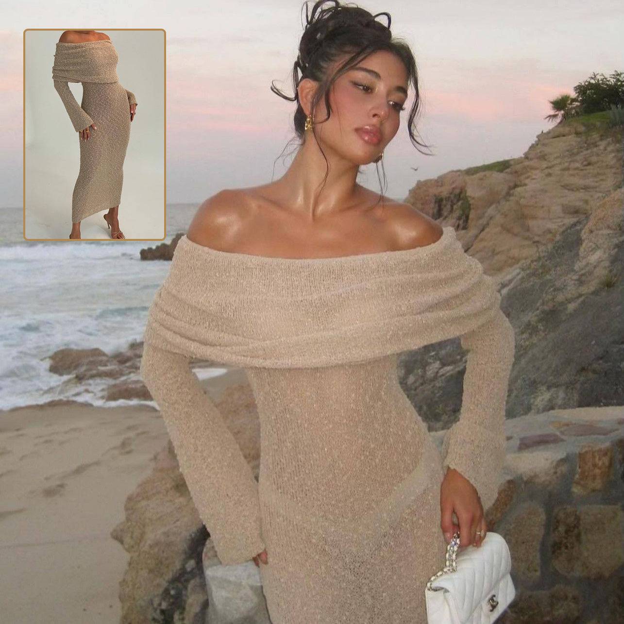 Nuevo vestido de punto de un solo hombro con mangas largas Vestidos largos sexis para vacaciones en la playa Ropa de mujer