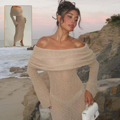 New One-shoulder Knitted Long-sleeved Dress Sexy Beach Holiday Long Dresses Womens Clothing - ALL-IN-ONE GENSTORE & SERVICES