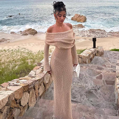 New One-shoulder Knitted Long-sleeved Dress Sexy Beach Holiday Long Dresses Womens Clothing - ALL-IN-ONE GENSTORE & SERVICES