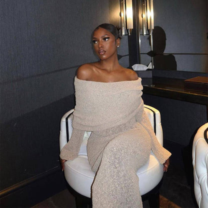 New One-shoulder Knitted Long-sleeved Dress Sexy Beach Holiday Long Dresses Womens Clothing - ALL-IN-ONE GENSTORE & SERVICES
