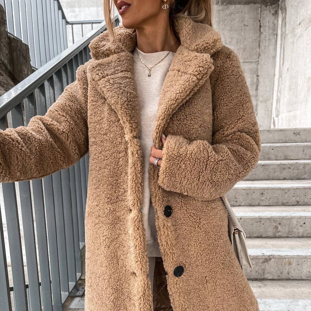 Chaqueta de felpa con solapa y manga larga para mujer