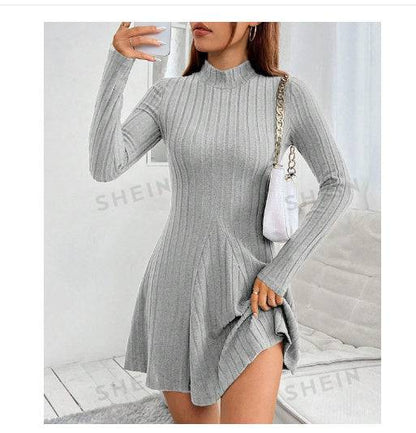New Fall Women's Clothing Slim Fit Sunken Stripe Long Sleeve Fleece Dress - ALL-IN-ONE GENSTORE & SERVICES
