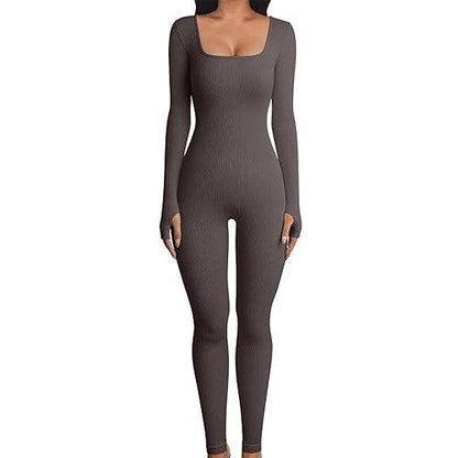 Women's Yoga Sports Fitness Jumpsuit Workout Long Sleeve Square Collar Clothing - ALL-IN-ONE GENSTORE & SERVICES