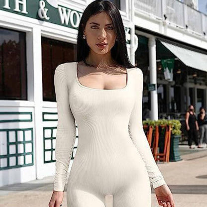 Women's Yoga Sports Fitness Jumpsuit Workout Long Sleeve Square Collar Clothing - ALL-IN-ONE GENSTORE & SERVICES