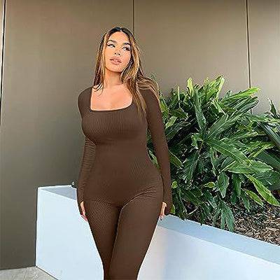 Women's Yoga Sports Fitness Jumpsuit Workout Long Sleeve Square Collar Clothing - ALL-IN-ONE GENSTORE & SERVICES