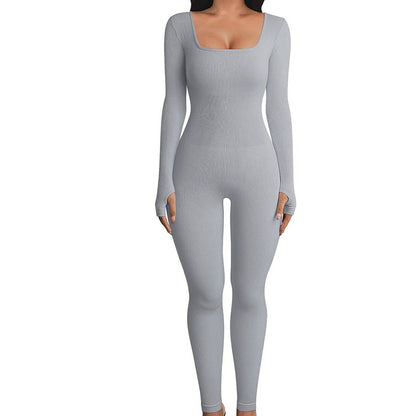 Women's Yoga Sports Fitness Jumpsuit Workout Long Sleeve Square Collar Clothing - ALL-IN-ONE GENSTORE & SERVICES