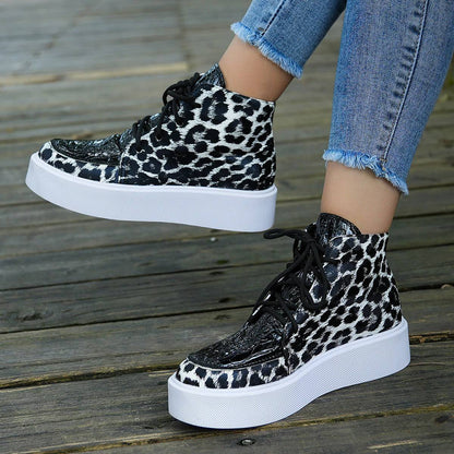 Autumn New High-top Leopard Print Flat-heeled Platform Lace Color Block Casual Women's Shoes - ALL-IN-ONE GENSTORE & SERVICES