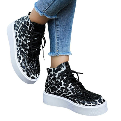 Autumn New High-top Leopard Print Flat-heeled Platform Lace Color Block Casual Women's Shoes - ALL-IN-ONE GENSTORE & SERVICES