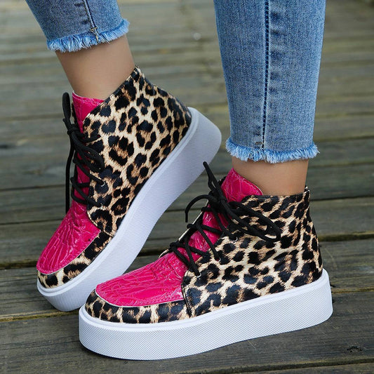 Autumn New High-top Leopard Print Flat-heeled Platform Lace Color Block Casual Women's Shoes - ALL-IN-ONE GENSTORE & SERVICES