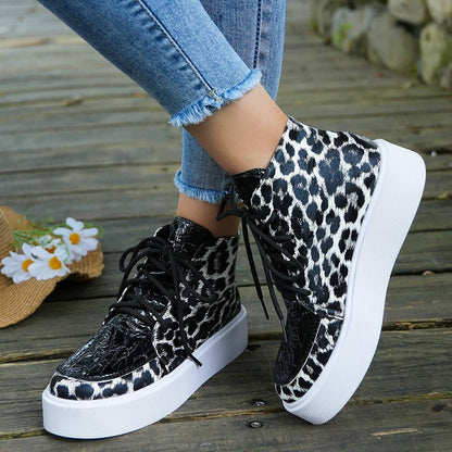 Autumn New High-top Leopard Print Flat-heeled Platform Lace Color Block Casual Women's Shoes - ALL-IN-ONE GENSTORE & SERVICES
