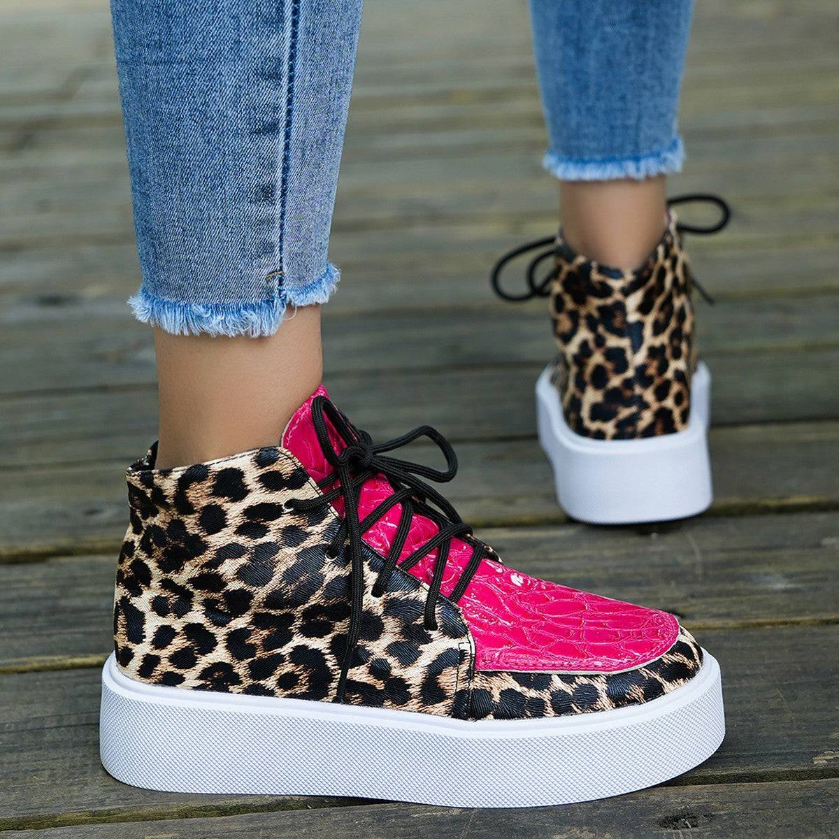Autumn New High-top Leopard Print Flat-heeled Platform Lace Color Block Casual Women's Shoes - ALL-IN-ONE GENSTORE & SERVICES