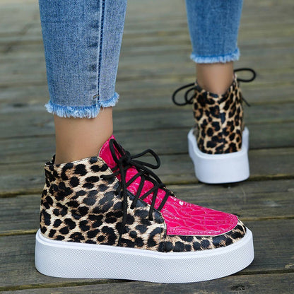 Autumn New High-top Leopard Print Flat-heeled Platform Lace Color Block Casual Women's Shoes - ALL-IN-ONE GENSTORE & SERVICES