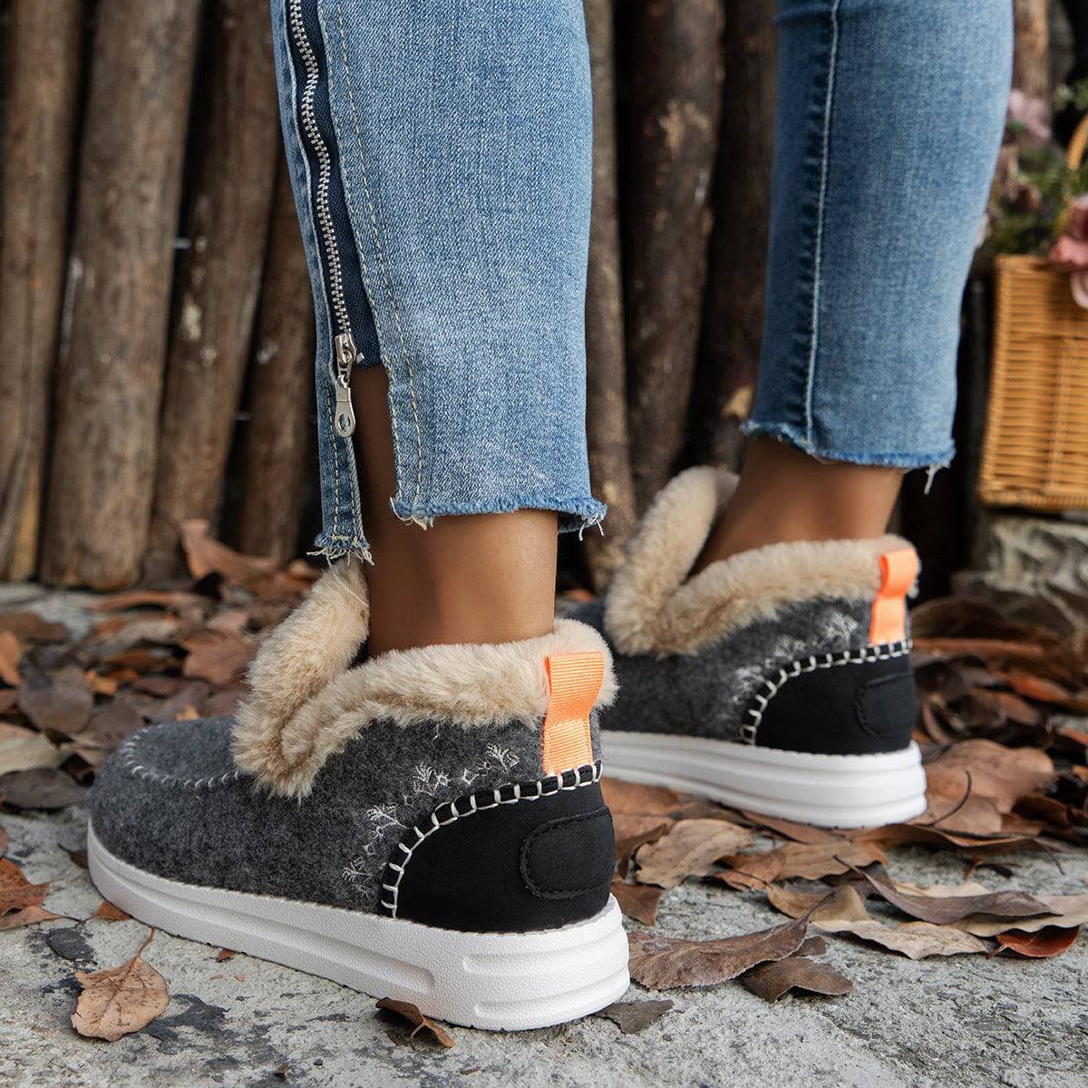 Plus Size Fleece-lined Thicker Raw Edge Warm Flat Bottom Cotton Shoes