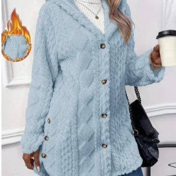 European And American Hooded Solid Color Cardigan Button Long Sleeve Coat - ALL-IN-ONE GENSTORE & SERVICES