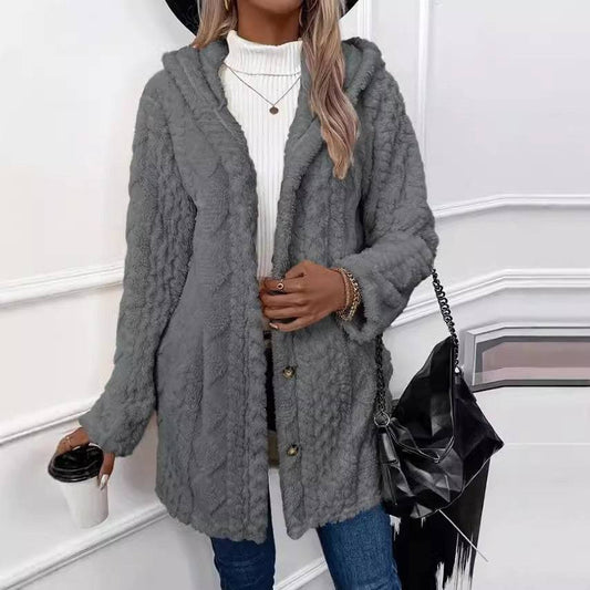 European And American Hooded Solid Color Cardigan Button Long Sleeve Coat