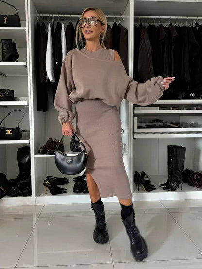 Off-neck Batwing Sleeve Short Sweater Vest Long Skirt Suit - ALL-IN-ONE GENSTORE & SERVICES