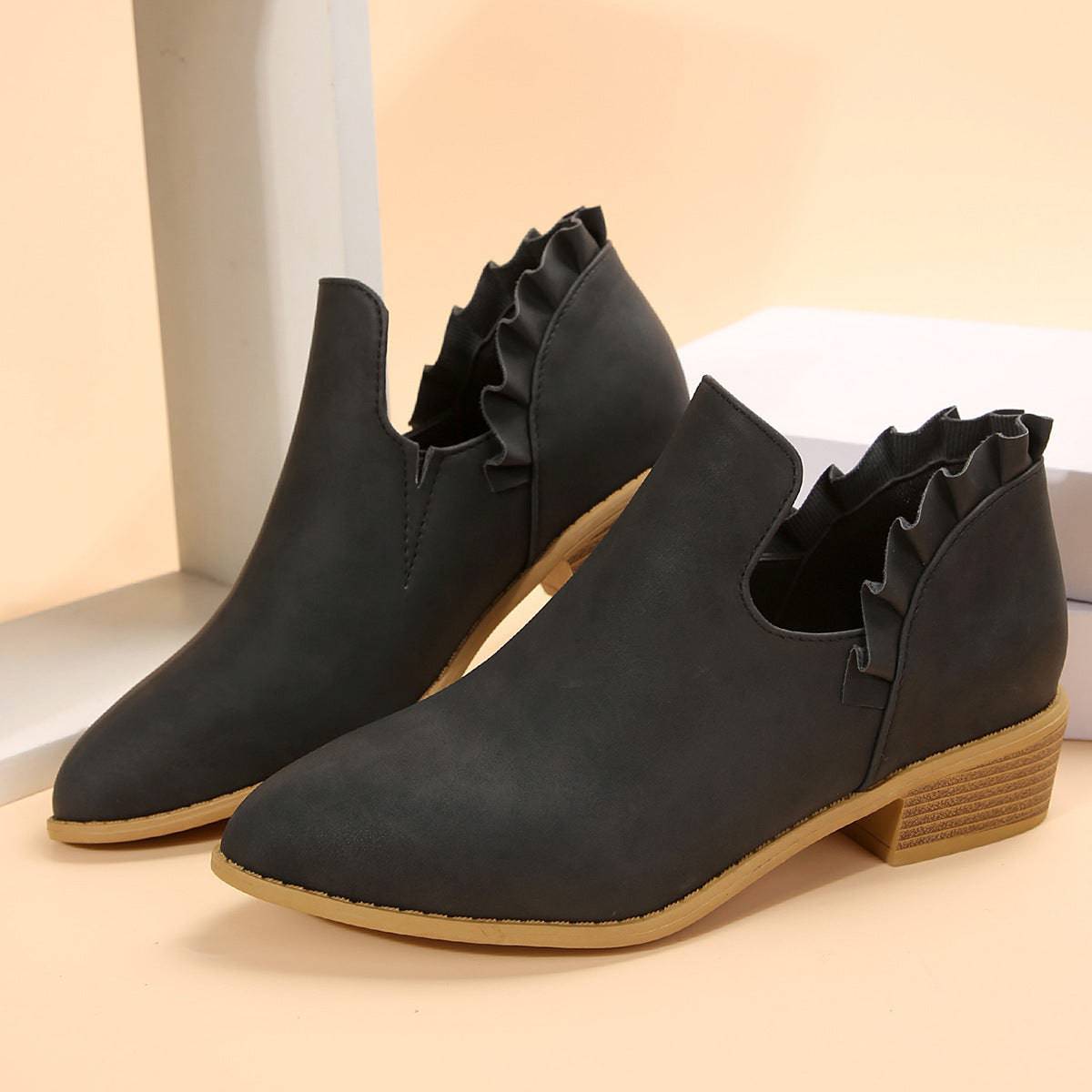 Flat Chunky Heel Fashion Shoes Women's Solid Color Pointed Martin Boots