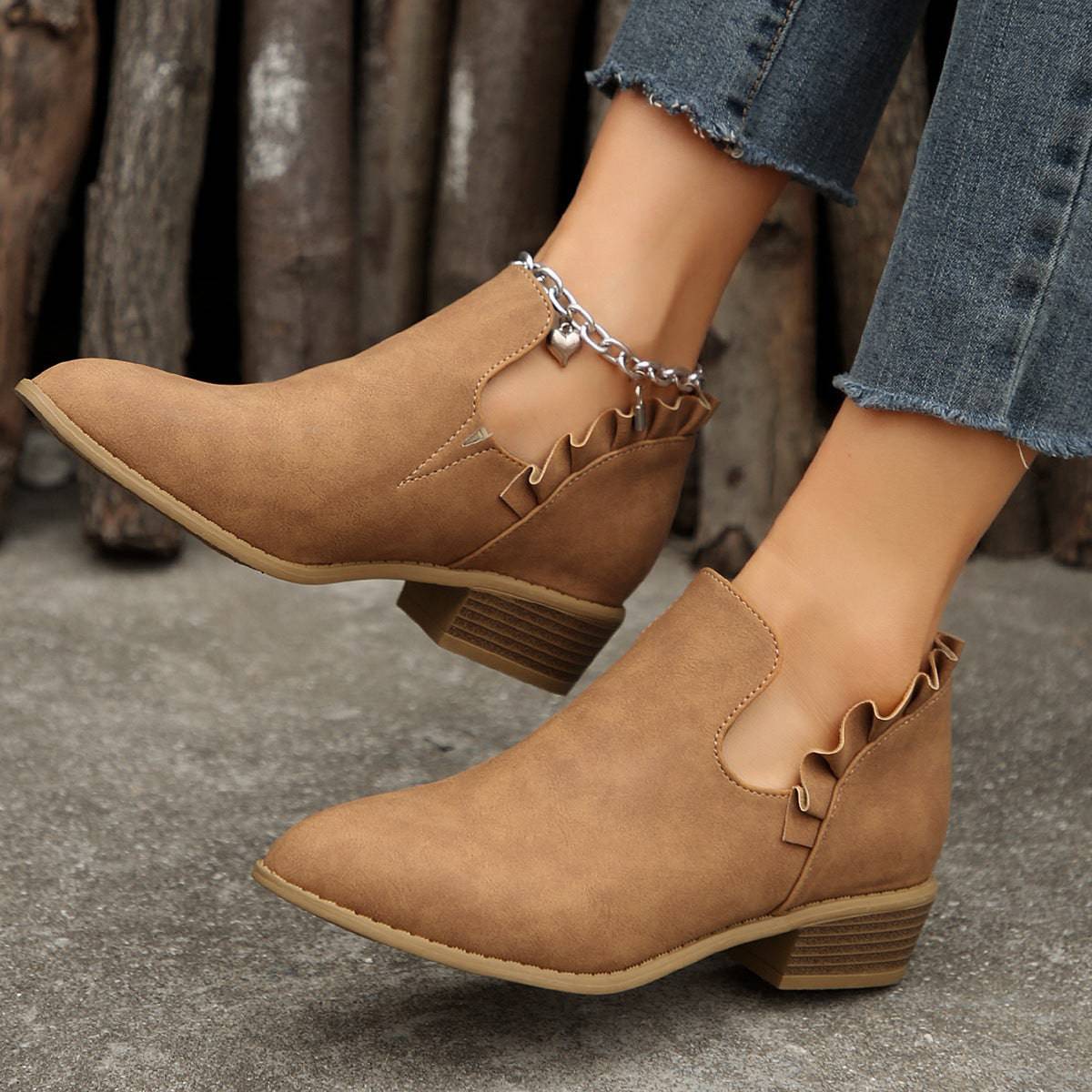 Flat Chunky Heel Fashion Shoes Women's Solid Color Pointed Martin Boots