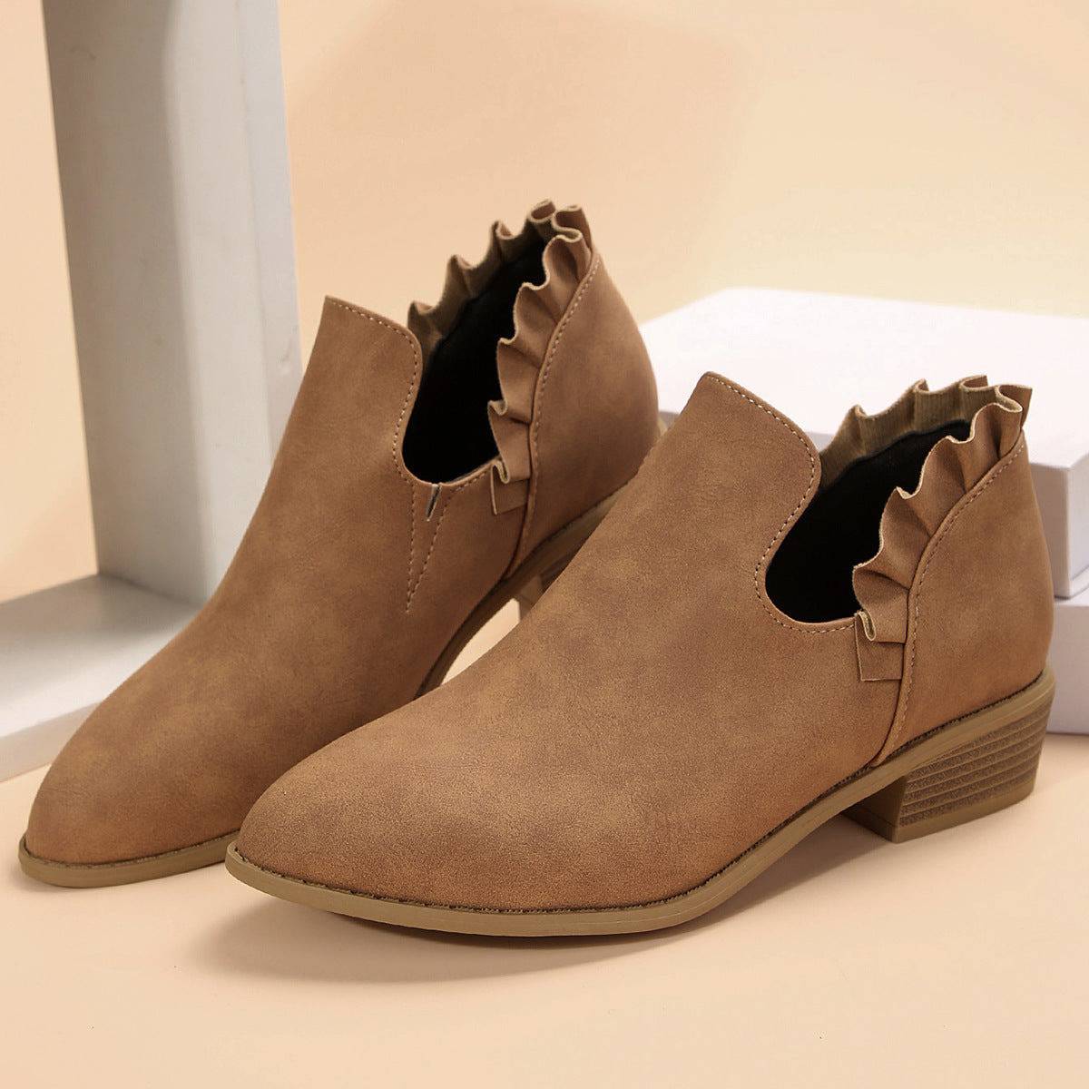 Flat Chunky Heel Fashion Shoes Women's Solid Color Pointed Martin Boots