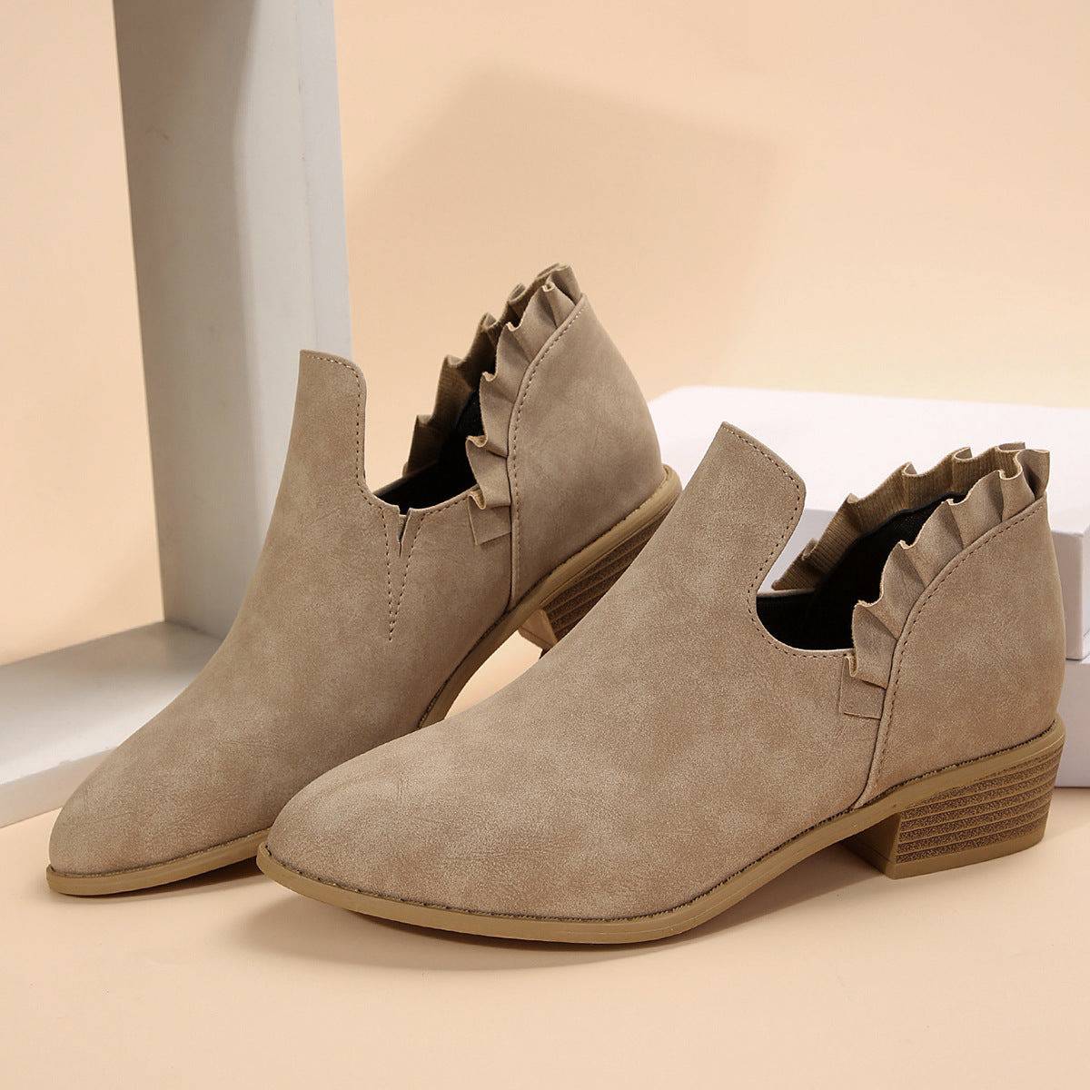 Flat Chunky Heel Fashion Shoes Women's Solid Color Pointed Martin Boots