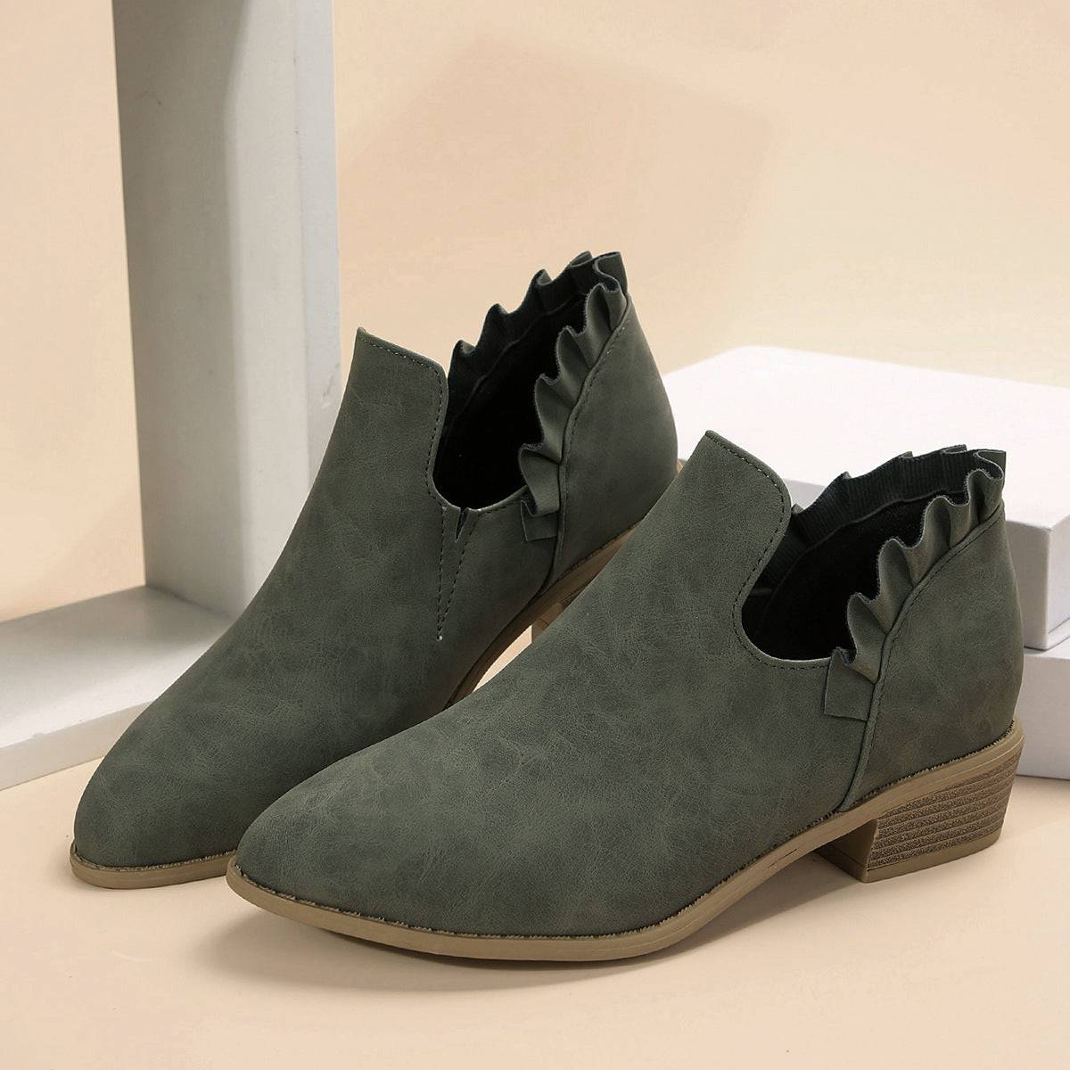 Flat Chunky Heel Fashion Shoes Women's Solid Color Pointed Martin Boots