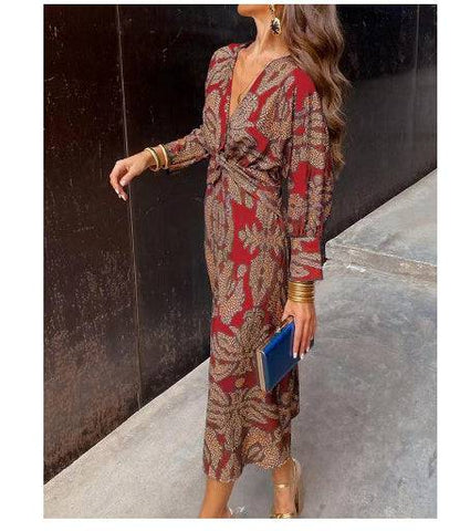 Summer Nine-quarter Sleeve V-neck Painted Dress - ALL-IN-ONE GENSTORE & SERVICES