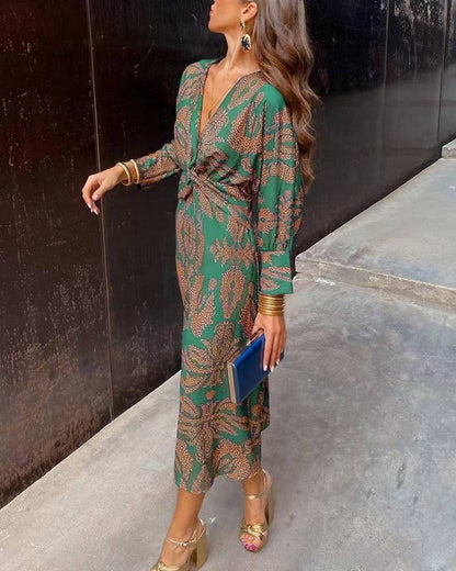 Summer Nine-quarter Sleeve V-neck Painted Dress - ALL-IN-ONE GENSTORE & SERVICES