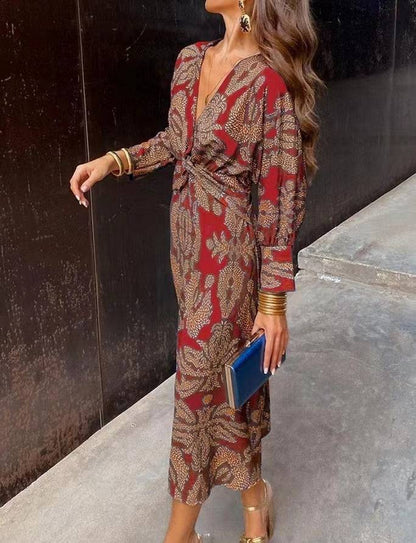 Summer Nine-quarter Sleeve V-neck Painted Dress - ALL-IN-ONE GENSTORE & SERVICES
