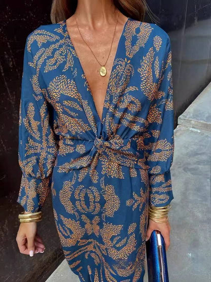 Summer Nine-quarter Sleeve V-neck Painted Dress - ALL-IN-ONE GENSTORE & SERVICES