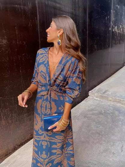 Summer Nine-quarter Sleeve V-neck Painted Dress - ALL-IN-ONE GENSTORE & SERVICES