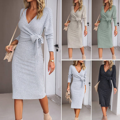 Autumn And Winter V-neck Long Sleeve Knitted Tied Dress - ALL-IN-ONE GENSTORE & SERVICES