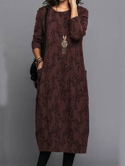 Retro Crew Neck Mid-waist Sleeve Knitted Mid-length A- Line Dress - ALL-IN-ONE GENSTORE & SERVICES