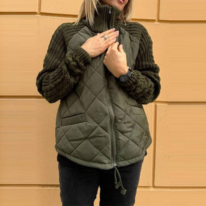 Stand Collar Cotton Jacket With Pockets Fashion Knitted Stitching Zipper Coat Winter Warm Tops For Women - ALL-IN-ONE GENSTORE & SERVICES