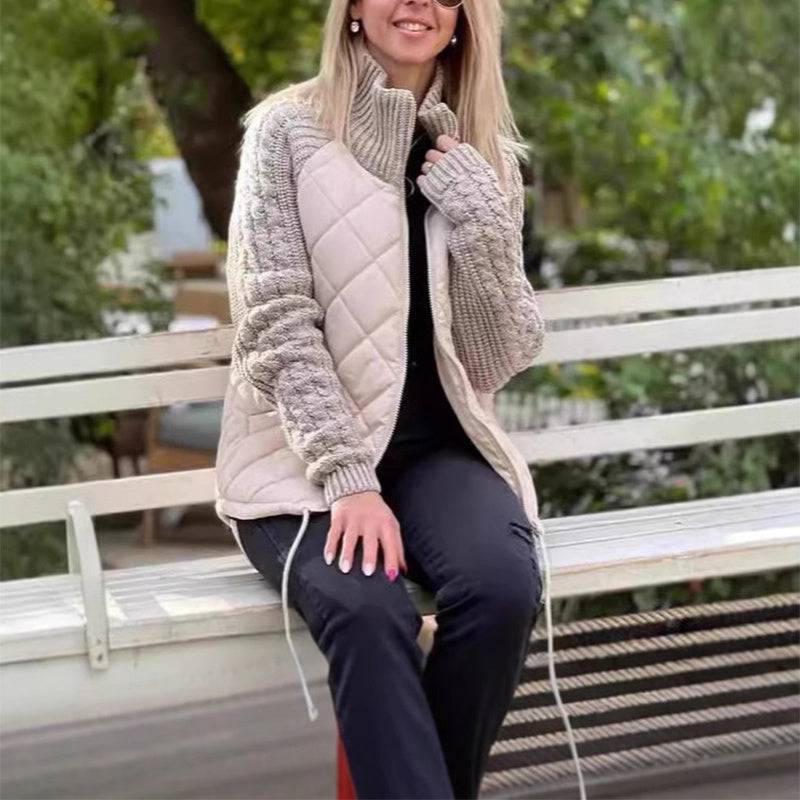 Chaqueta de algodón con cuello alto y bolsillos, abrigo de punto con cremallera y costuras a la moda, tops cálidos de invierno para mujer