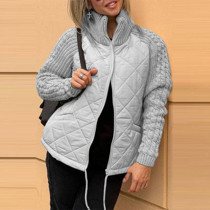 Stand Collar Cotton Jacket With Pockets Fashion Knitted Stitching Zipper Coat Winter Warm Tops For Women - ALL-IN-ONE GENSTORE & SERVICES