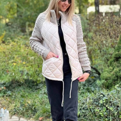 Stand Collar Cotton Jacket With Pockets Fashion Knitted Stitching Zipper Coat Winter Warm Tops For Women - ALL-IN-ONE GENSTORE & SERVICES