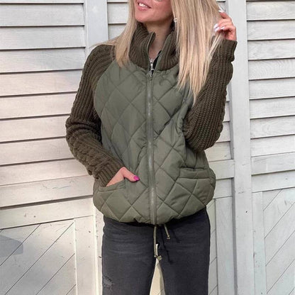 Stand Collar Cotton Jacket With Pockets Fashion Knitted Stitching Zipper Coat Winter Warm Tops For Women - ALL-IN-ONE GENSTORE & SERVICES
