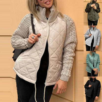 Stand Collar Cotton Jacket With Pockets Fashion Knitted Stitching Zipper Coat Winter Warm Tops For Women - ALL-IN-ONE GENSTORE & SERVICES