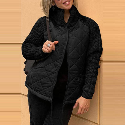 Stand Collar Cotton Jacket With Pockets Fashion Knitted Stitching Zipper Coat Winter Warm Tops For Women - ALL-IN-ONE GENSTORE & SERVICES