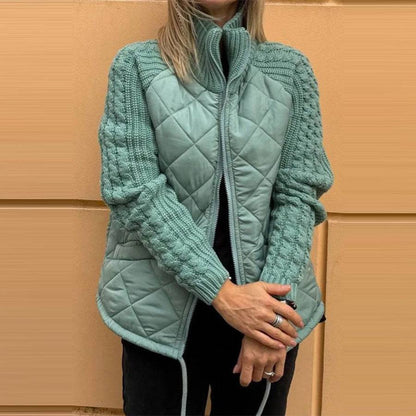 Stand Collar Cotton Jacket With Pockets Fashion Knitted Stitching Zipper Coat Winter Warm Tops For Women - ALL-IN-ONE GENSTORE & SERVICES