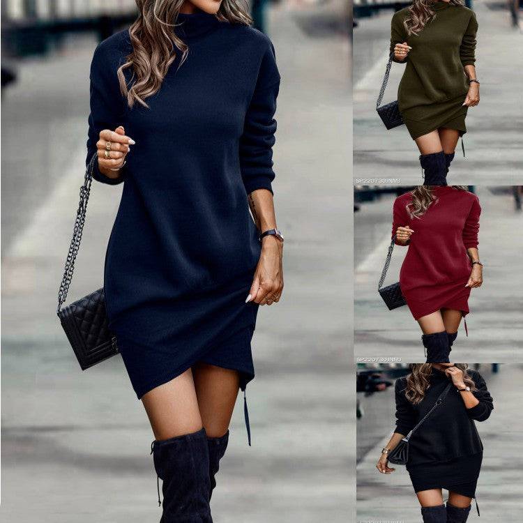 Long Sleeve Dress Solid Color High Neck Cross Short Dress Womens Clothing - ALL-IN-ONE GENSTORE & SERVICES