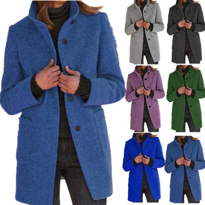 Fashion Stand Collar Woolen Coat With Pockets Fall Winter Casual Button Outwear For Women Clothing - ALL-IN-ONE GENSTORE & SERVICES