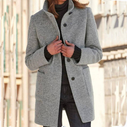 Fashion Stand Collar Woolen Coat With Pockets Fall Winter Casual Button Outwear For Women Clothing - ALL-IN-ONE GENSTORE & SERVICES