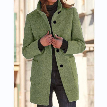 Fashion Stand Collar Woolen Coat With Pockets Fall Winter Casual Button Outwear For Women Clothing - ALL-IN-ONE GENSTORE & SERVICES