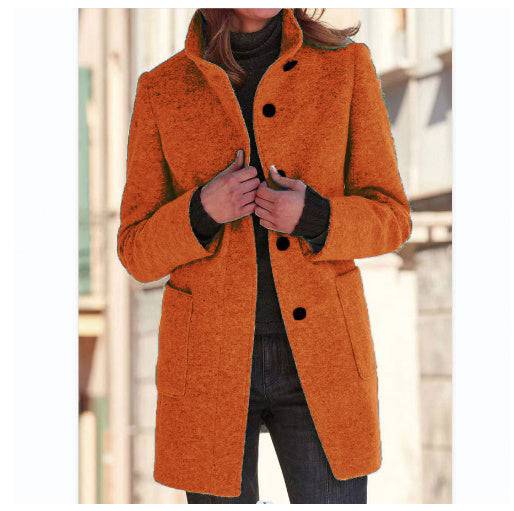 Manteau en laine à col montant avec poches pour femme, vêtement d'extérieur décontracté à boutons pour l'automne et l'hiver