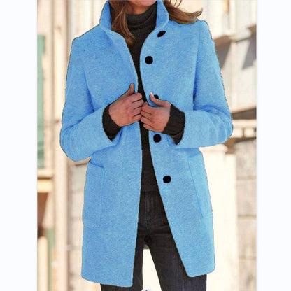 Fashion Stand Collar Woolen Coat With Pockets Fall Winter Casual Button Outwear For Women Clothing - ALL-IN-ONE GENSTORE & SERVICES