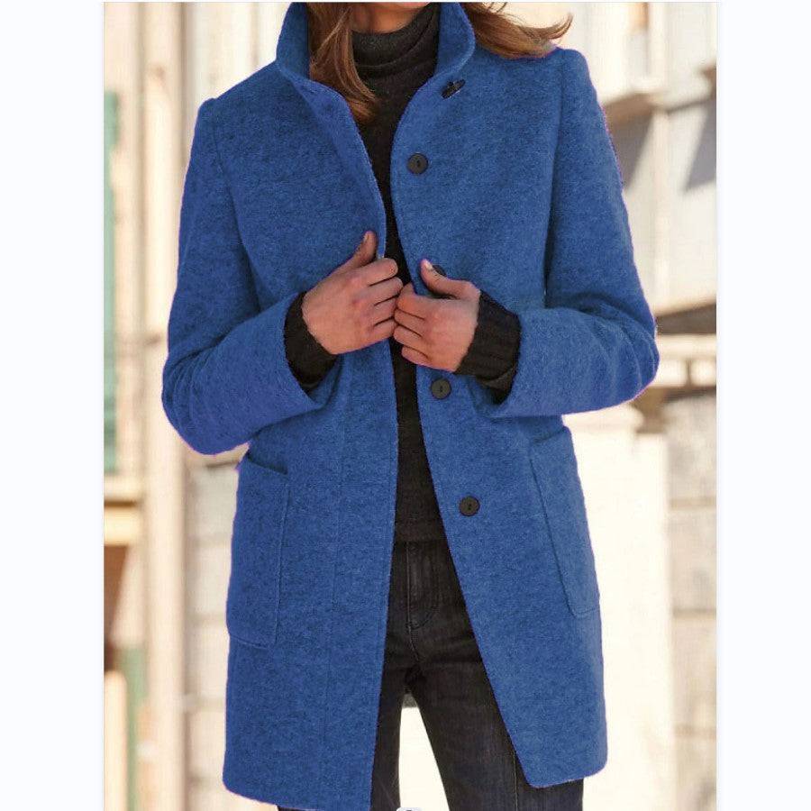 Manteau en laine à col montant avec poches pour femme, vêtement d'extérieur décontracté à boutons pour l'automne et l'hiver